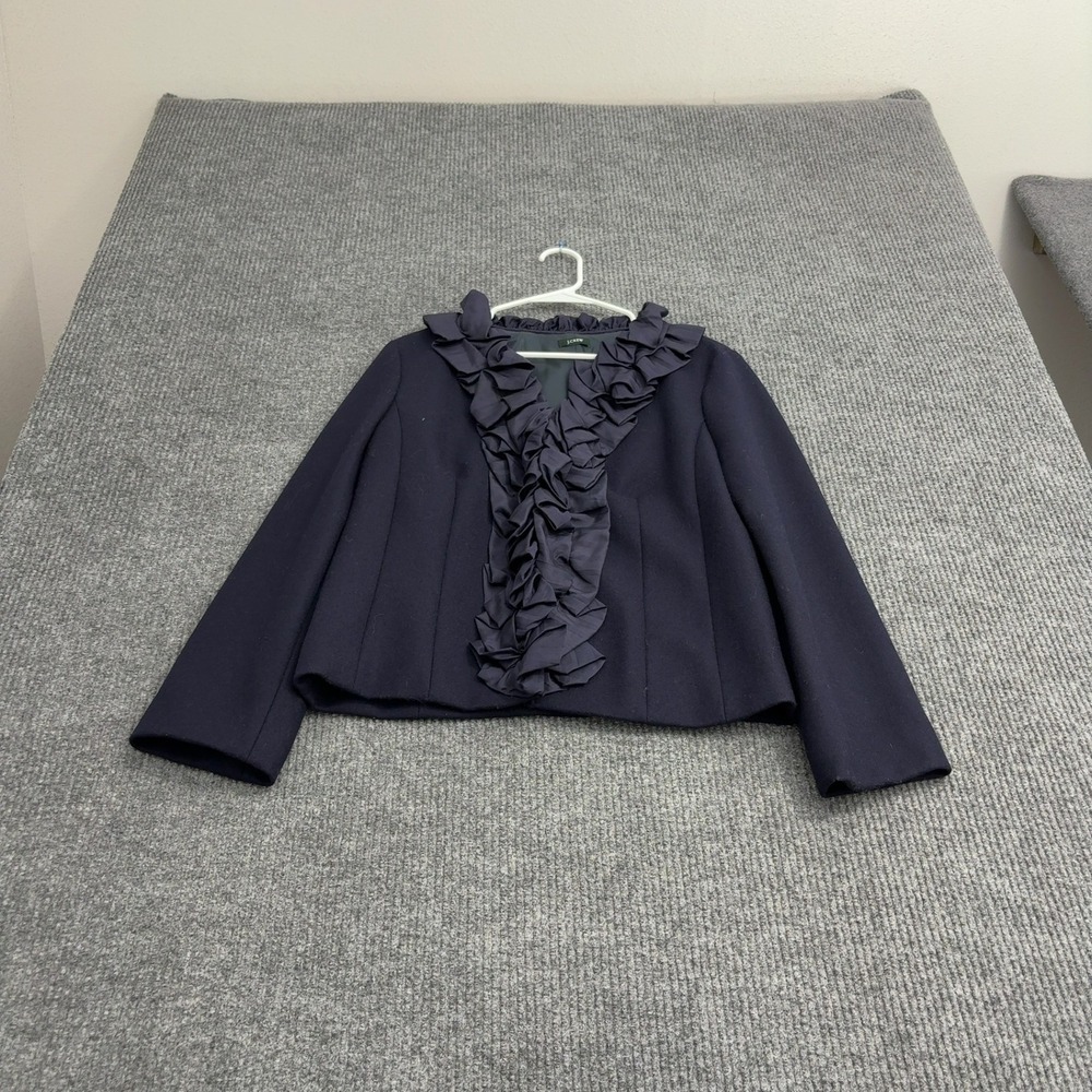 J Crew Jacket Womens M Navy Wool Ruffle Trim Professional Chic Workwear